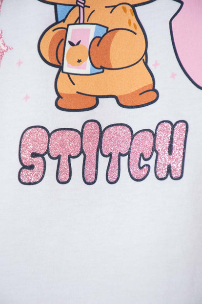 CAMISETA DE STITCH Y CAPYBARA MANGA CORTA BLANCO PARA NIÑA 2T A 6T